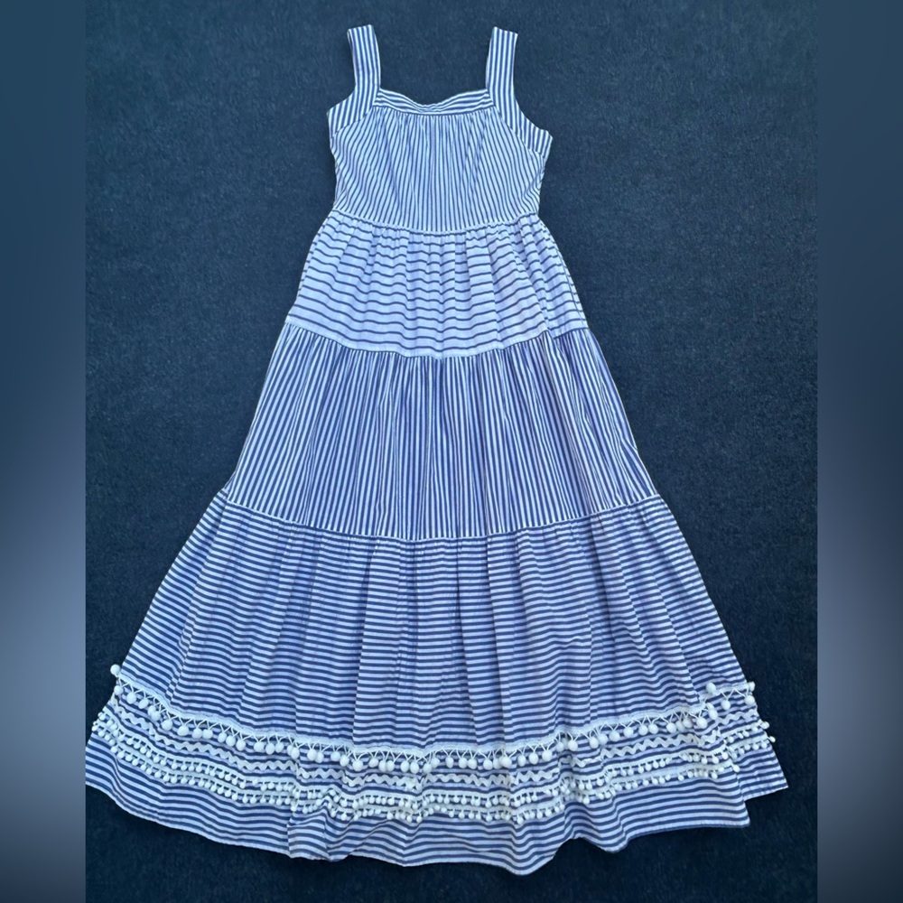 CK Bradley Blue White Striped Tiered Maxi Dress
Pockets Pompoms Medium flaw - Picture 3 of 15